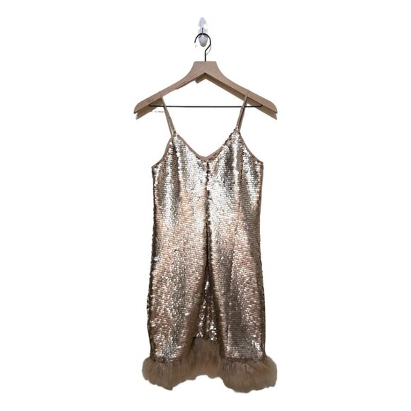 CeCe Bohemian Luxe Blush Gold Sequined Feather-Trim Slip Dress Sz 2 - Picture 4 of 10
